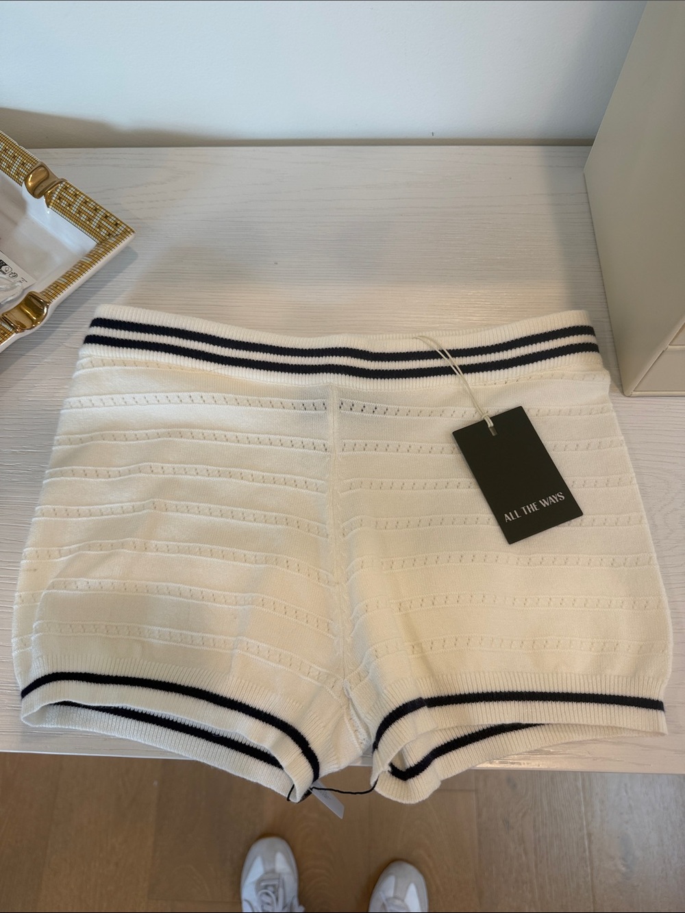 All The Ways Cream Knit Athletic Shorts with Navy Trim